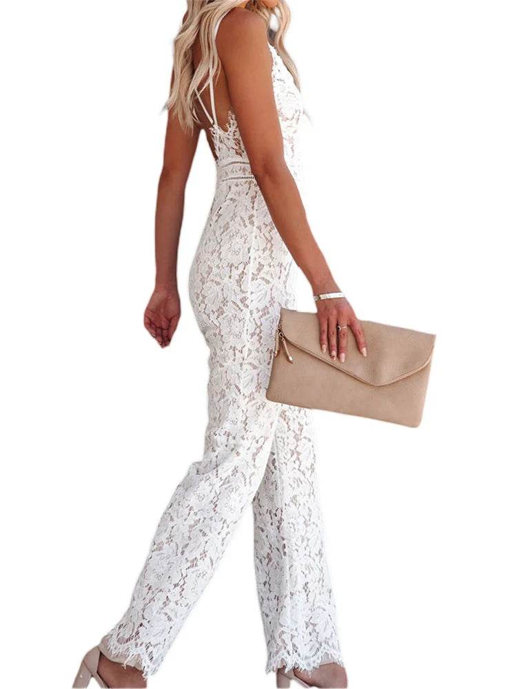 Women Fashion Elegant Lace Jumpsuits Spaghetti Strap V Neck Wide Leg Romper Ladies Summer Sexy Casual Retro Streetwear - AIAZ