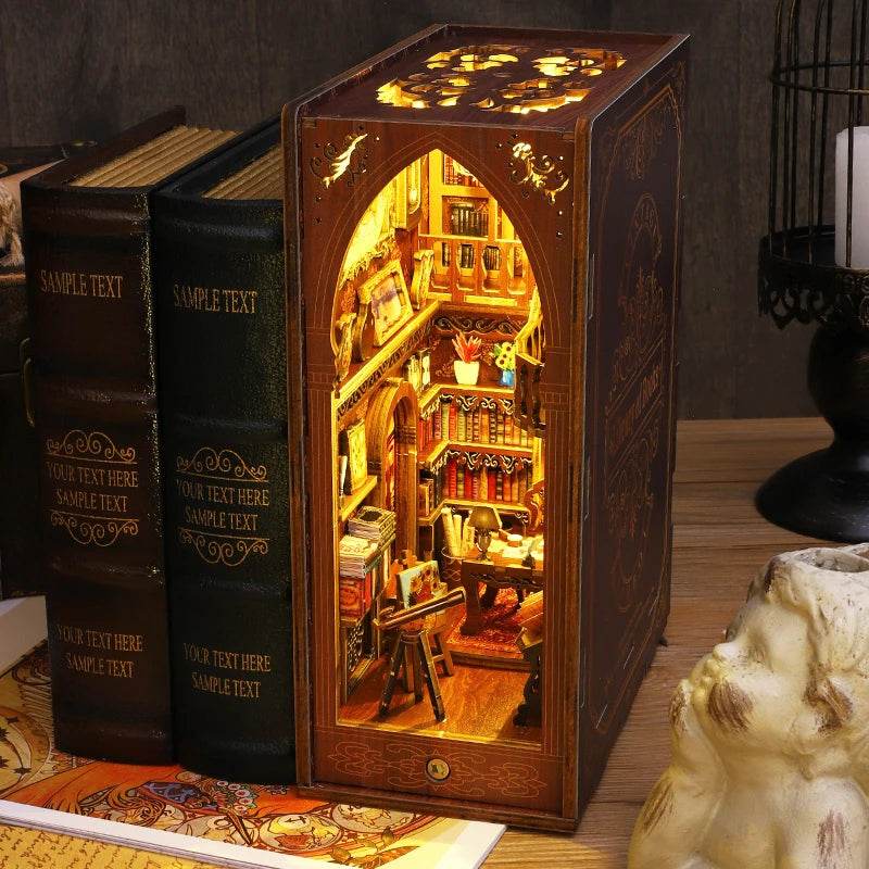 DIY Book Nook Shelf Insert Kit 3D Wooden Puzzle Doll House Assembly Building Model Bookends With Furniture LED Light Xmas Gifts - AIAZ