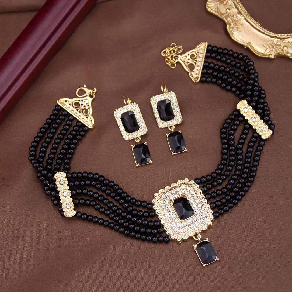 Neovisson Elegent Morocco Jewelry Set Delicate Handmade Beads Necklace Drop Earring Square Crystal Pendant Love Gift