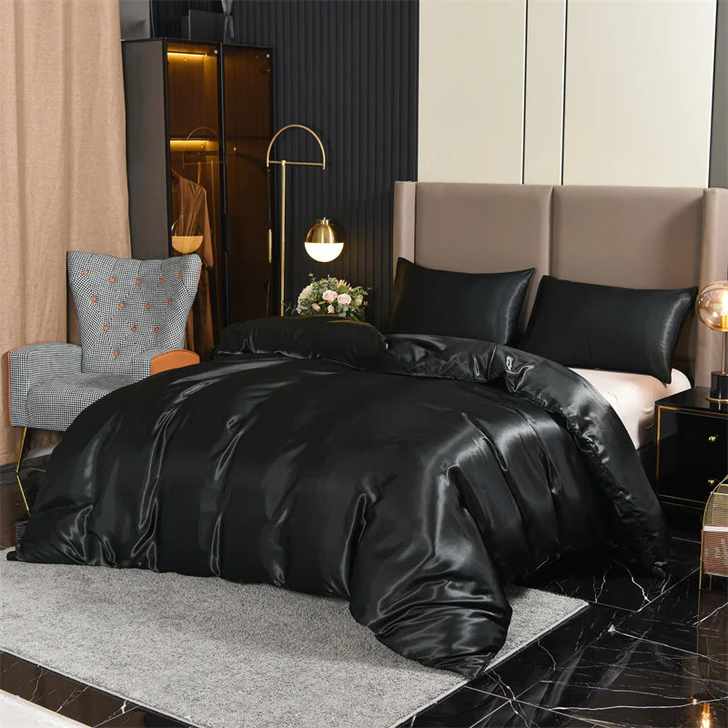 3pcs Satin Duvet Cover Set Bedding Sets Queen Black  Series Luxury Rich Silk Silky Soft Solid   Sexy Honeymoon Wrinkle Free