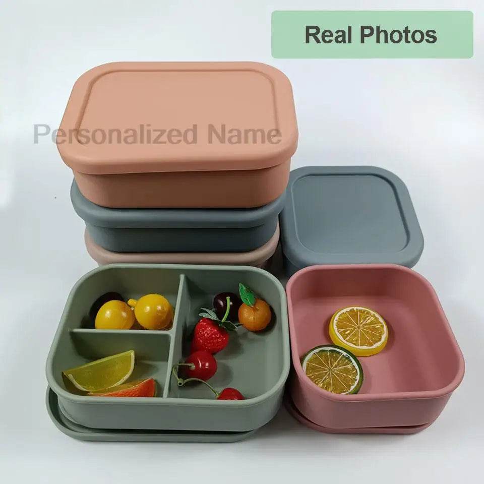 Personalized Name Lunch Box 3 Compartment Silicone Bento Box Portable Leak Proof Microwave Oven Lunch Box Picnic Food Container - AIAZ