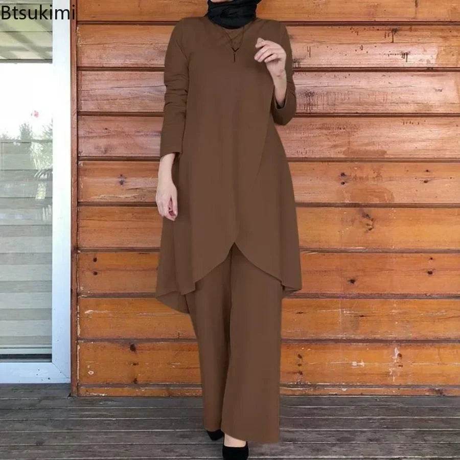 2025 Women's Muslim Sets Fashion Asymmetrical Blouse with Wide Leg Pants Casual Suits Dubai Turkey Matching Sets Ladies Outfits - AIAZ
