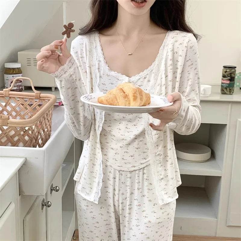 Three-Piece Pajama Set for Women Floral Lace Sweet Cardigan Camisole Homewear Long Sleeves Long Pants Fancy Underwear Ladies - AIAZ