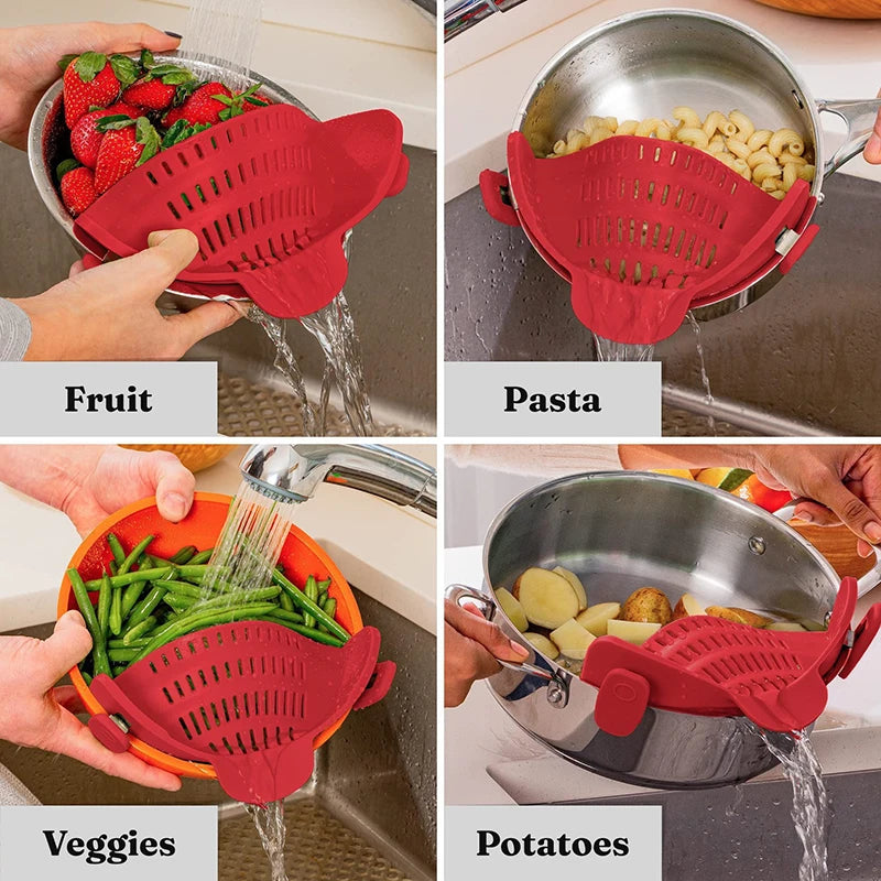 Adjustable Silicone Clip-On Kitchen Strainer for Pots Pans and Bowls Handheld Pasta Strainer Rice Strainer Kitchen Tools