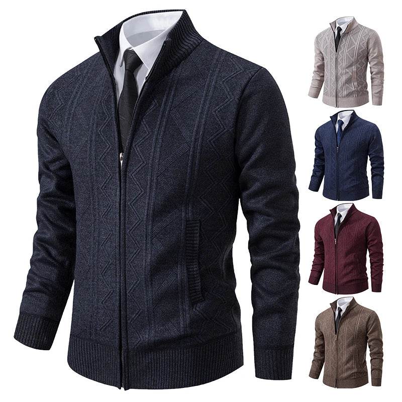 Thickened jacket men's autumn and winter warm trend line stand collar knitted cardigan sweater coat - AIAZ