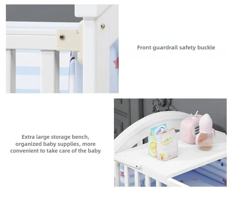 2025New Solid Wood Baby Crib Movable Splicing Bed Multifunctional Baby Rocking Bed Adjustable Guardrail Height with Mosquito Net
