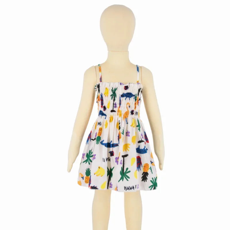 ‌2025 Summer Girls Princess Beach Dress Strapless Floral Print Sleeveless Party Wear Toddler Solid Color Casual Fashion 1-6Y
