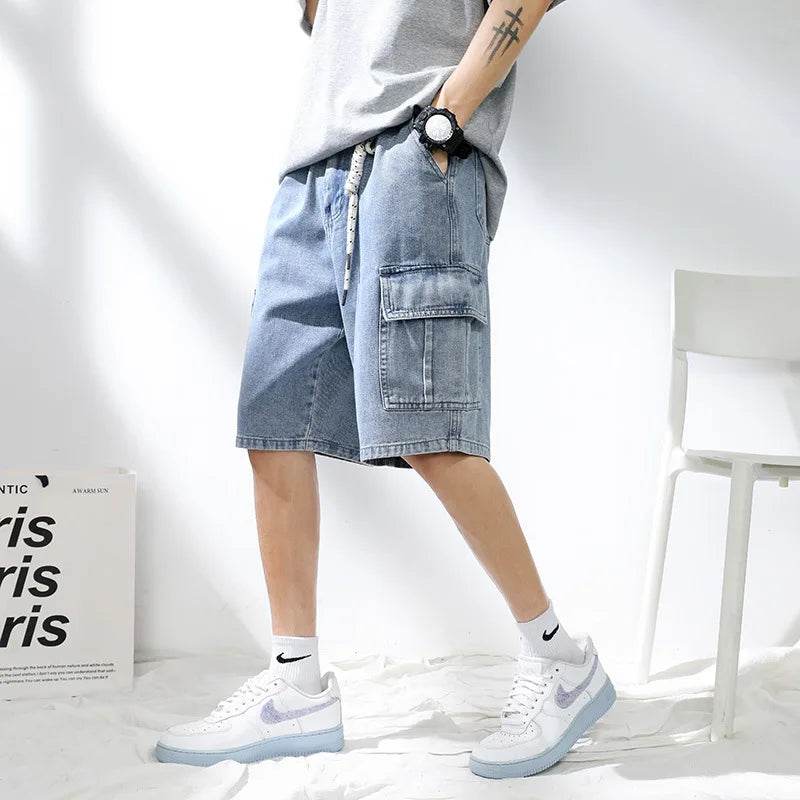 2025 New Denim Shorts for Men's Summer, Thin, Loose, Breathable, Pentagram Pants, Trendy, Versatile, Casual, Mid length, Versati - AIAZ