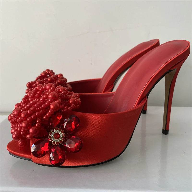 Crystal Beads Flower Decor Sandals Women 10cm Stiletto Heel Slingbacks Luxury Satin Summer Mules For Girls - AIAZ