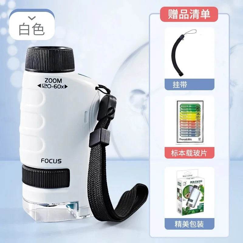 Pocket Microscope Kids Science Toy Kit 60-120x Educational Mini Handheld Microscope with LED Light Outdoor Children Stem Toy - AIAZ