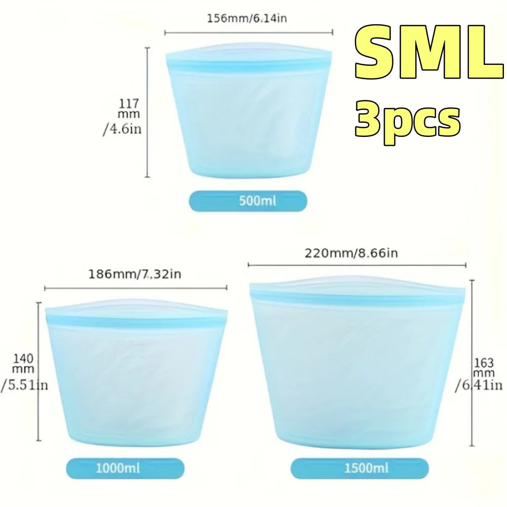 1/3pcs Silicone Food Containers Reusable Storage Bags Leakproof Ziplock Bag Set for Fridge Freezer Fresh-Keeping Kitchen Organiz