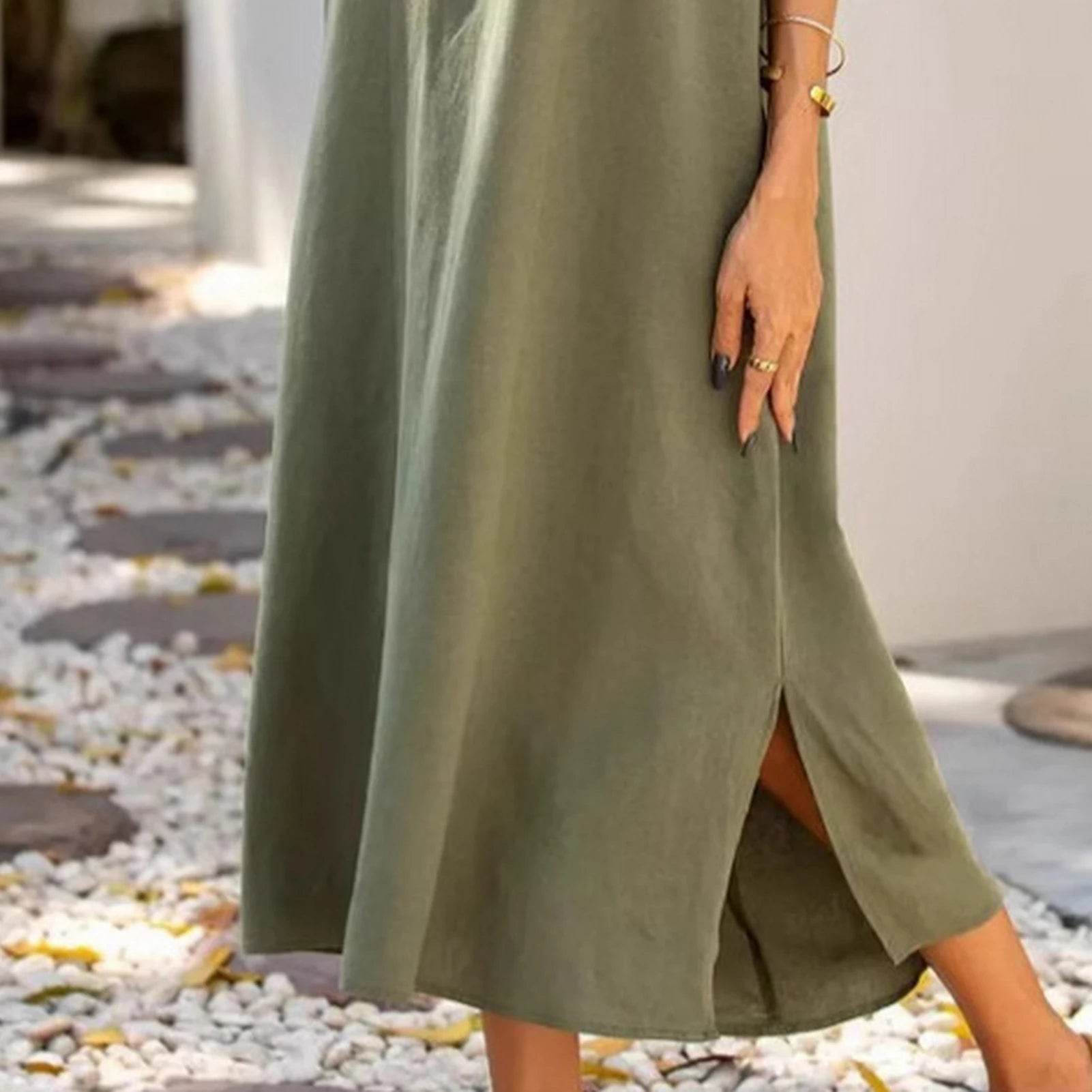 Dresses Woman Party Night V Neck Solid Color Tank Dress Cotton Linen Casual Loose Sundress Plain Long Dresses Vestidos Largos - AIAZ