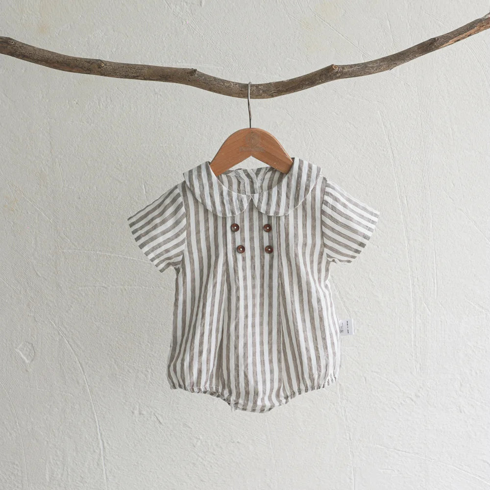 Summer Toddler Kids Stripe Bodysuit Boys Loose Turndown Collar Jumpsuit Girls Baby Thin Crawlwear Onesie Clothes One Piece