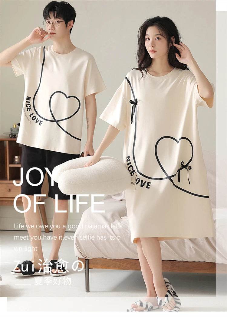 Summer Couple Pajama Sets 100%Cotton Men Short Sleeve Pyjamas Sexy Women Nightgown - AIAZ