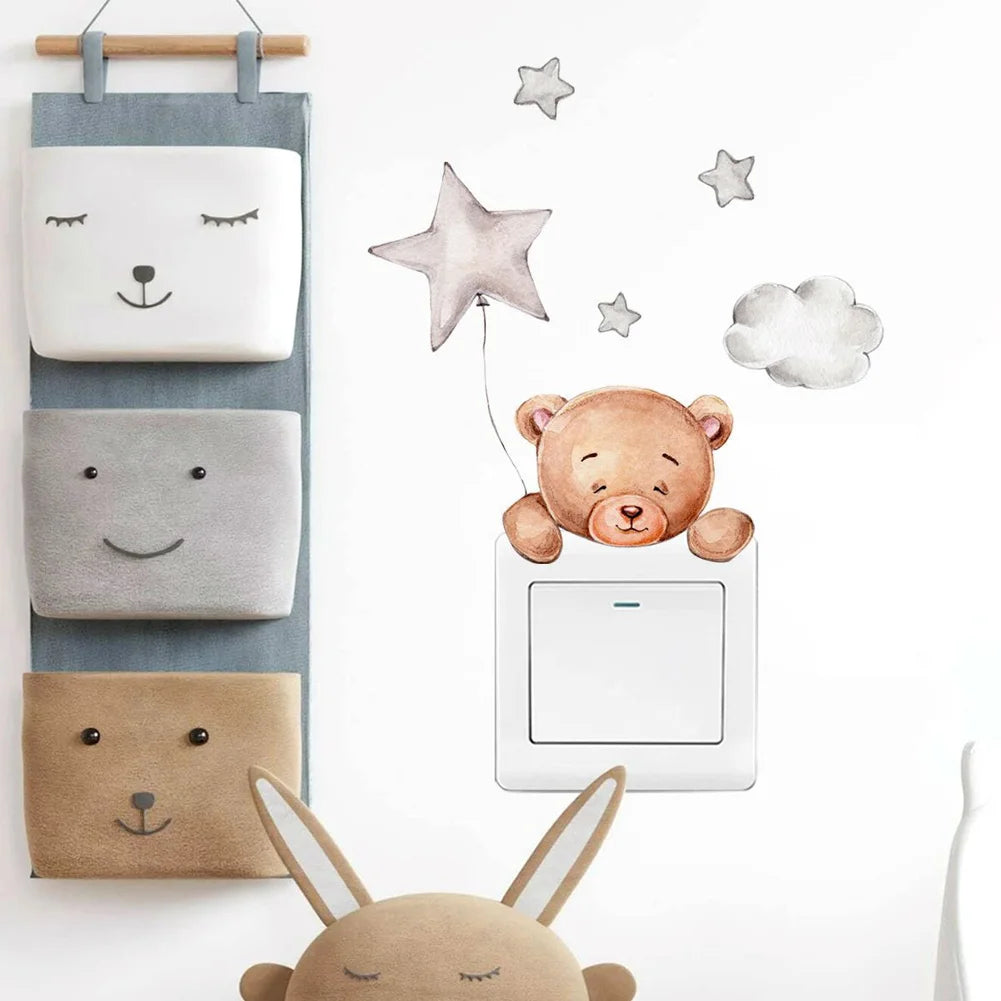 Cartoon Animal Bear Star Switch Sticker For Kids Room Decoration Decals Bedroom Home Decor Wallpaper Self-adhesive Wall Mural
