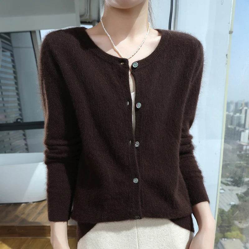 Women's Cardigan 100% Mink Cashmere Sweater,O-Neck Long Sleeve Top,Plus-Size Loose,Spring and Autumn Soft Knitted Jacket Female - AIAZ