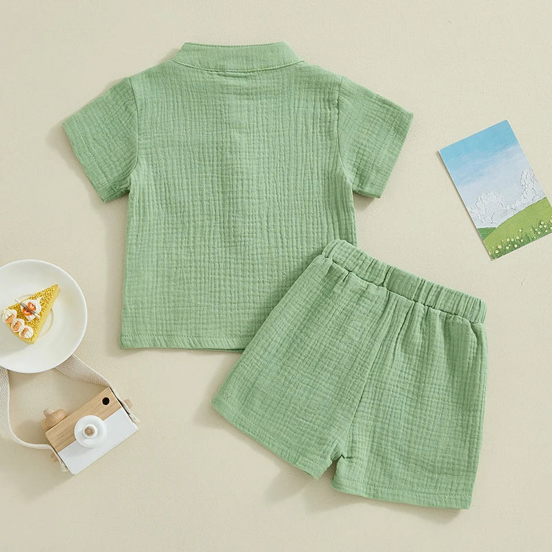 Suefunskry Toddler Boys Summer 2Pcs Casual Outfits Solid Color Short Sleeve Button Tops and Elastic Waist Shorts Sets 6M-4Y