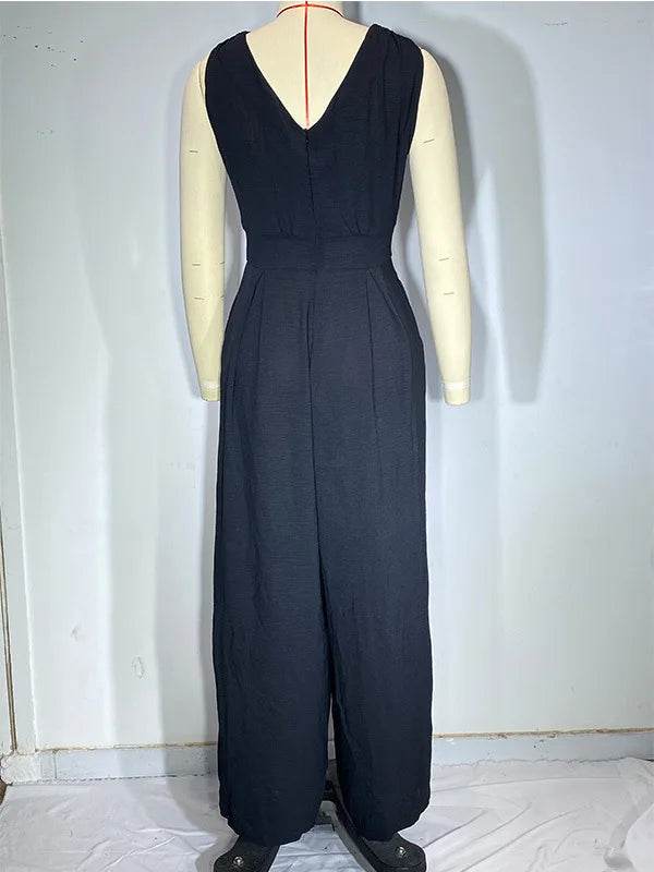 Jumpsuit Women Summer New Sleeveless Sexy Deep V-neck Solid Color High Waist Wide Leg Jumpsuits Elegant Commuting Lady Playsuits - AIAZ