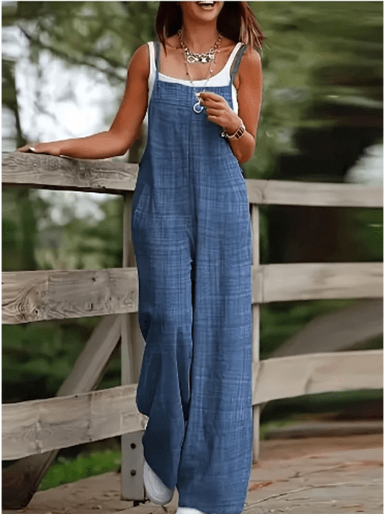 Women's Sleeveless Jumpsuit with Suspender Loose Casual Pocket Monochromatic Summer - AIAZ