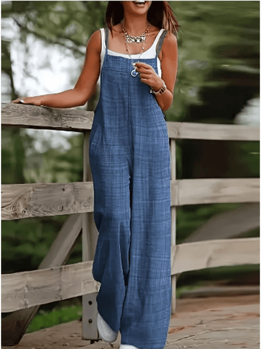 Women's Sleeveless Jumpsuit with Suspender Loose Casual Pocket Monochromatic Summer - AIAZ
