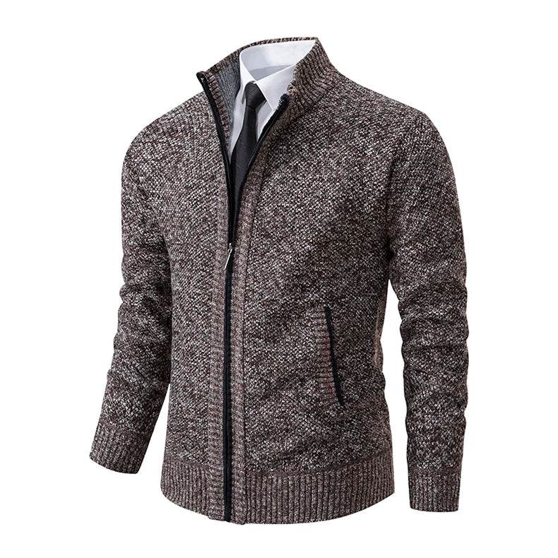 Autumn And Winter New Jersey Men's Casual Sports Coat Solid Color Stand Collar Wweater Grab Fleece Warm Zipper Cardigan - AIAZ