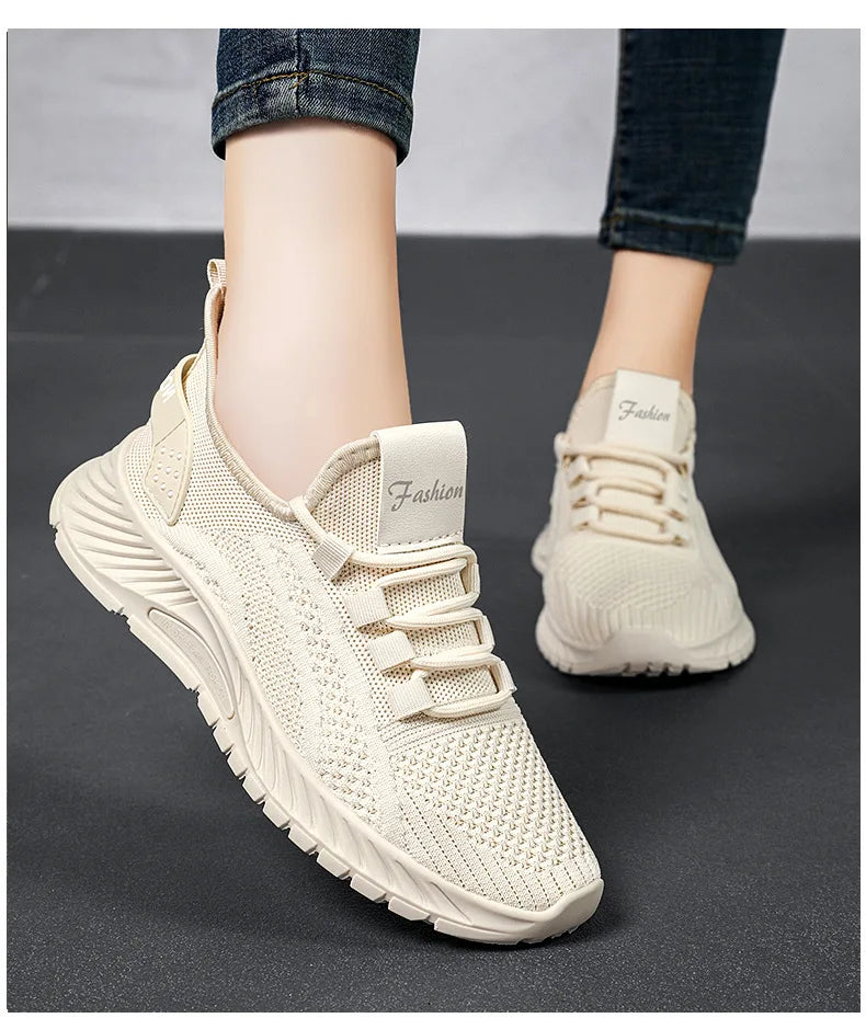 Women Lace Up Running Shoes Sporty Outdoor Beige Fabric Sneakers Comfort Lightweight Non Slip Athletic Shoes for Gym Work Casual