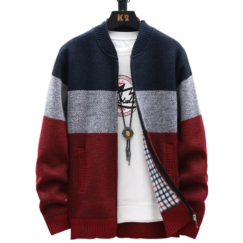 Autumn Winter Cardigan Sweater Men Fleece Zipper Sweaters Velvet Contrast Striped Sweater Coats Casual Jackets - AIAZ