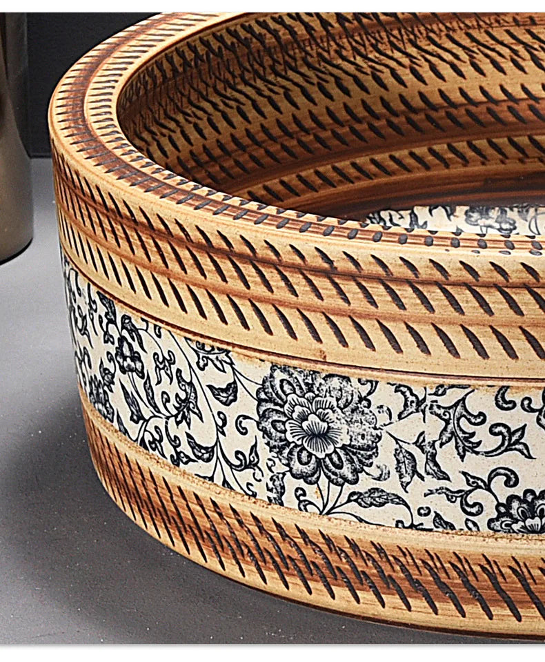 41*41*14cm European style Ceramic Washbasin Retro Printing Bathroom Sink Countertop Round Bowl Basin with Hardware Faucet Set