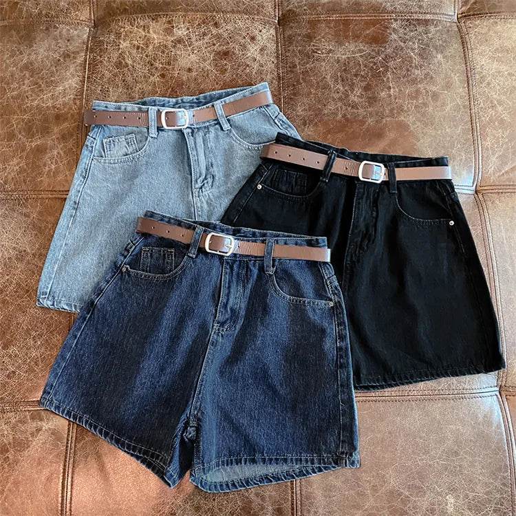 Denim shorts women's summer new trendy Instagram high waist simple slimming loose wide leg versatile A-line hot pants - AIAZ