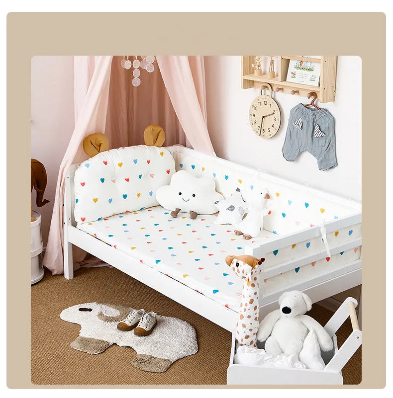 4Pcs Baby Bedding Set Cotton Cartoon Bear Head Crib Bed Protector Bumper Newborns Sheet Child Bed Baby Washable Cot Bedding Set