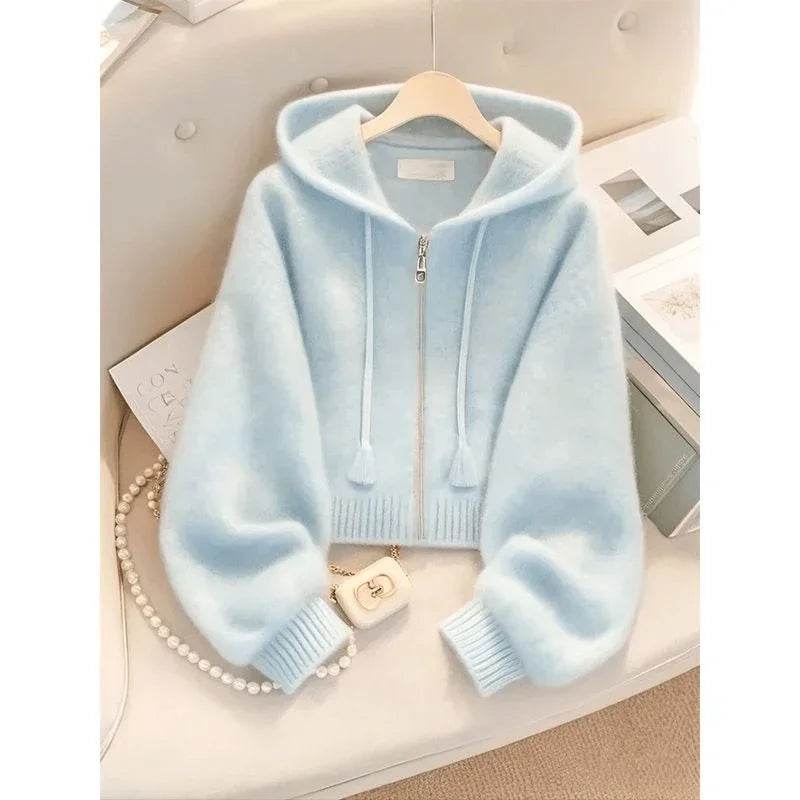 New Soft Blue Cardigan Sweaters Women Long Sleeve Elegant Knitted Jacket Sweet Design Female Casual Hooded Outwear Tops - AIAZ