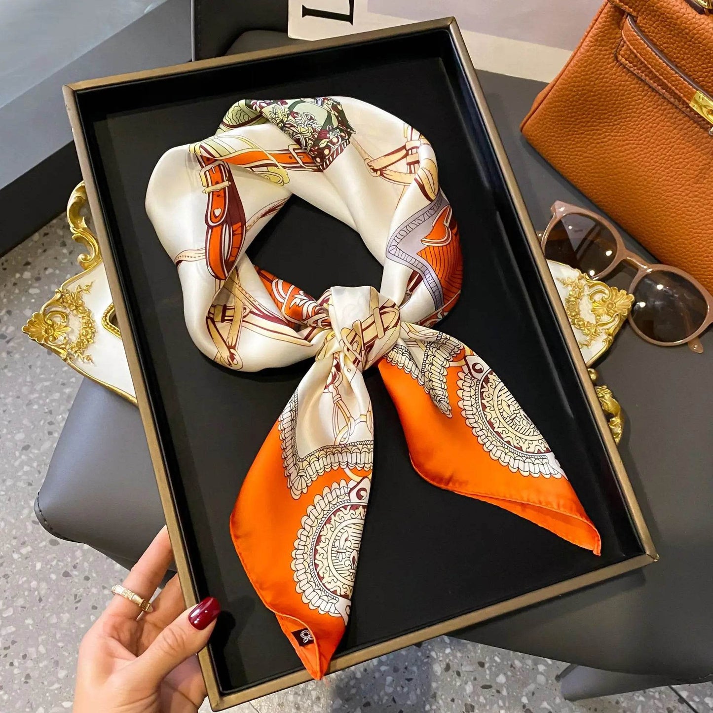 Luxury Chain Print Small Square Scarf Simulated Silk Thin Neck Scarf Fashion Sunscreen Headscarf For Women 70x70cm - AIAZ