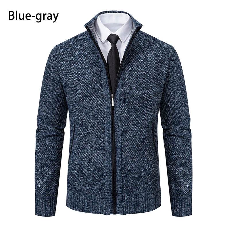 Autumn And Winter New Jersey Men's Casual Sports Coat Solid Color Stand Collar Wweater Grab Fleece Warm Zipper Cardigan - AIAZ