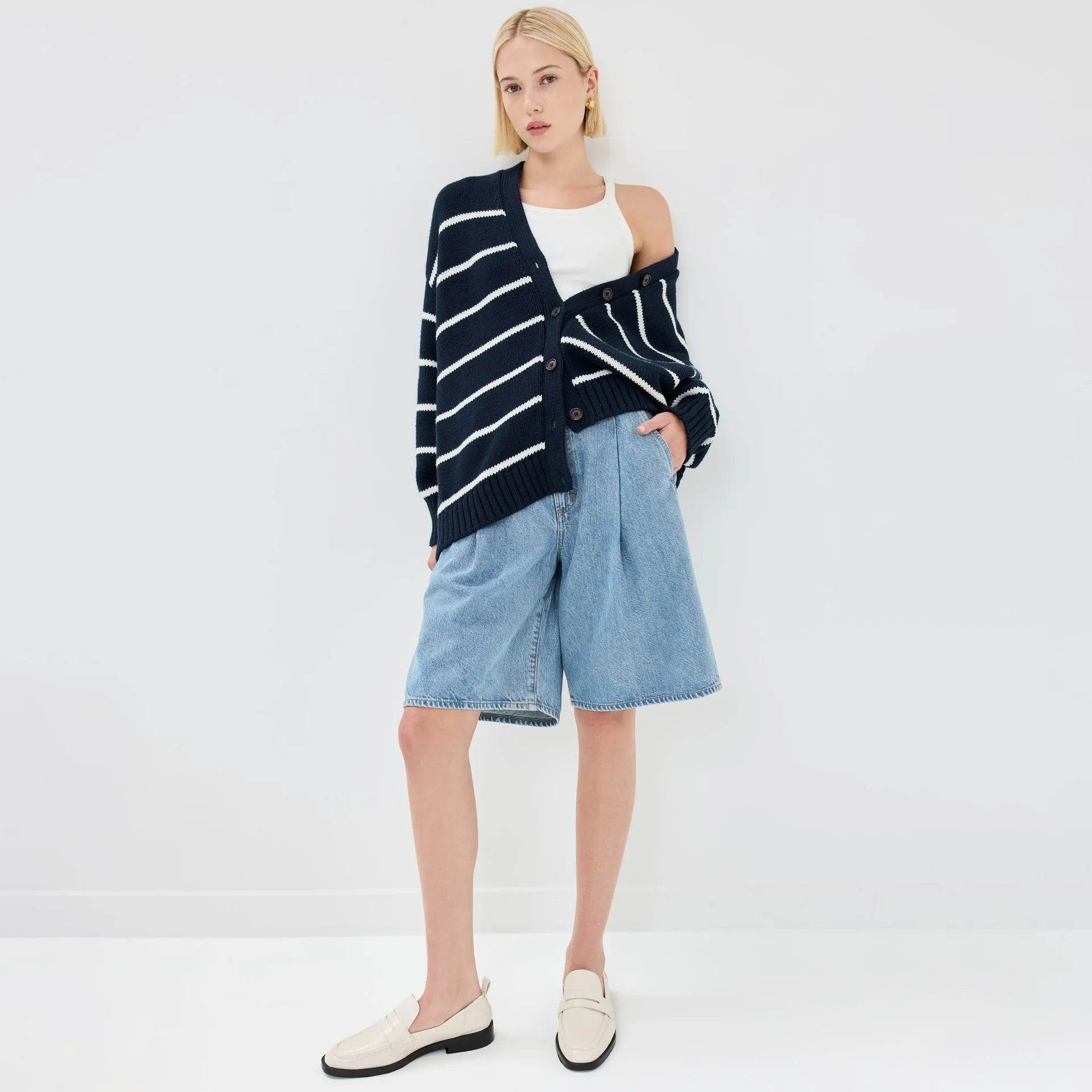 Casual Stripe Knitted Cardigan For Women 2025 Autumn Winter Single Breasted V-Neck Sweater Female Loose Coat - AIAZ