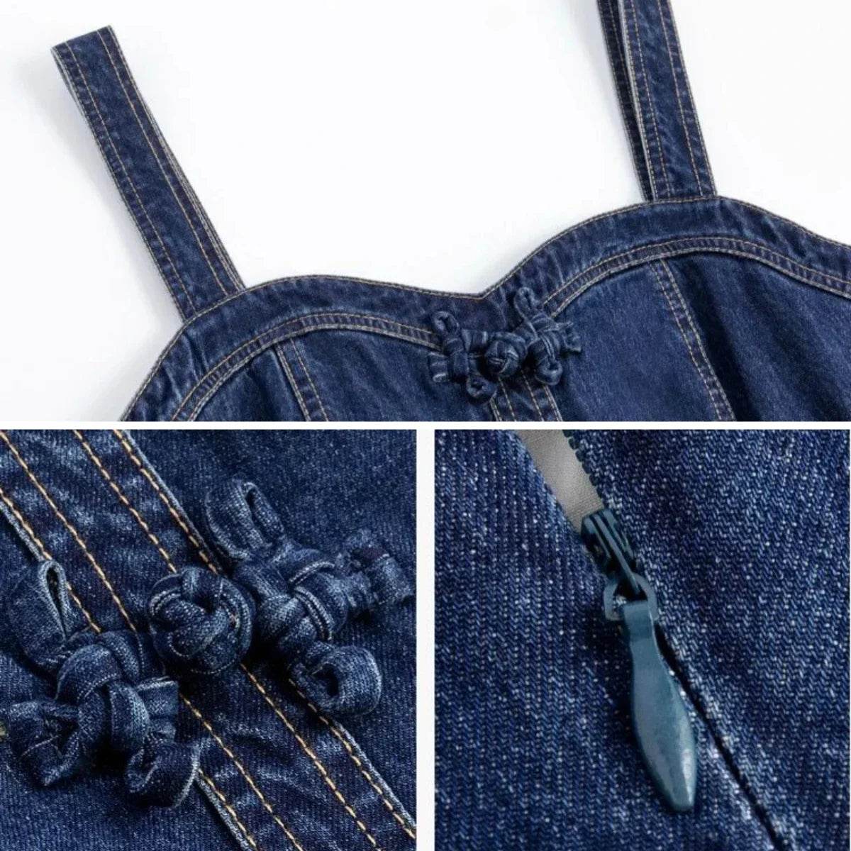 Embroidered Denim Dress For Women Spring Summer 2025 New Retro Versatile Waist Closure Long Denim Strap Dress Mujer Vestidos - AIAZ