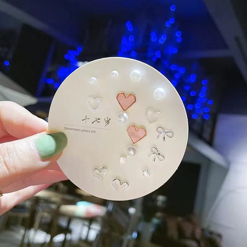 7 Pair/Set Korean Silver Color Fashion Geometric Female Small Earrings Multiple Pairs of Butterfly Cute Stud Earrings Jewelry