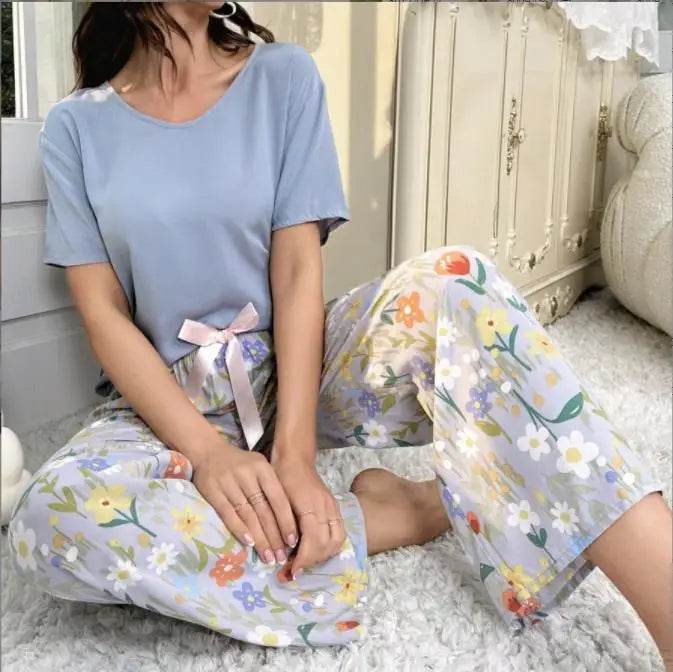 Breathable 2PCS Pajama Short Sleeve Printed Pijama Mujer Femme Loose Nightwear Suit Female Casual Homewear Pajama Set For Women - AIAZ