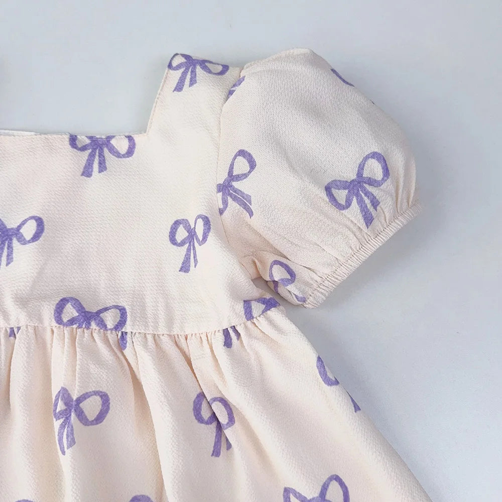 Bear Leader Short Sleeved Girls Clothing Summer New Bow Print Casual Dresses Sweet and Cute Kids Clothes for 3-7 Years Wear