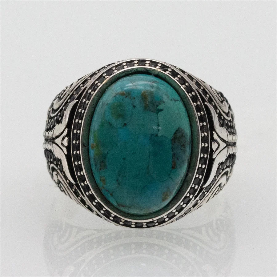 Natural Turquoise Stone Ring Men Pure Sterling Silver 925 Gemstone Ring Men Turkish Handmade Jewelry