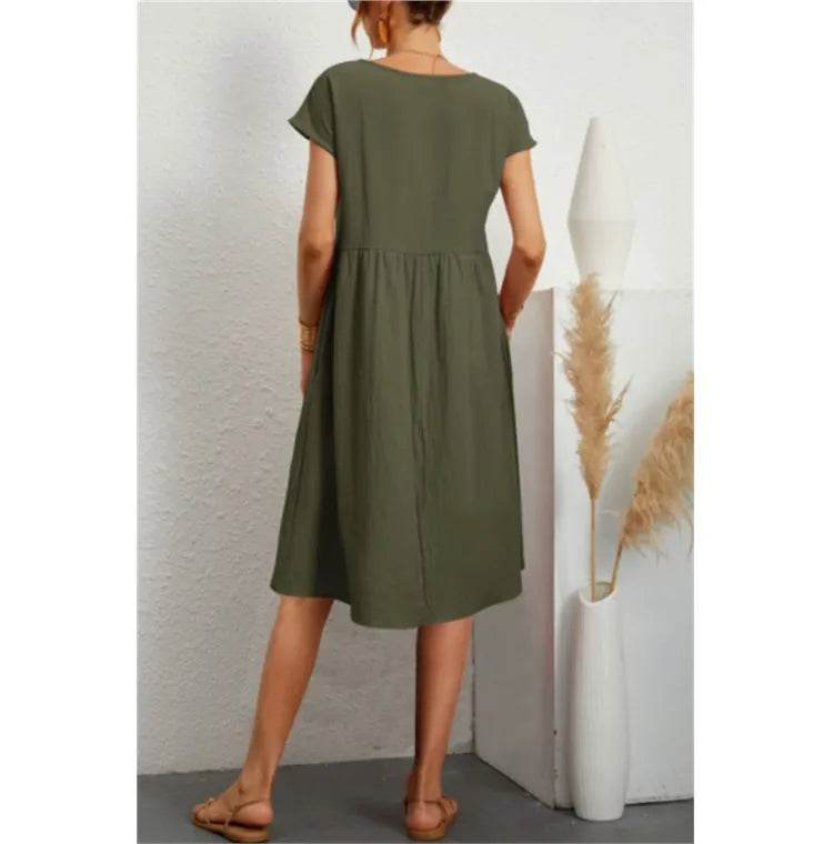 Women's Dresses 2025 Summer Fashion Casual Dresses Women Loose Mid Length Over Knee Dress New Short Sleeve Solid Dress Woman - AIAZ