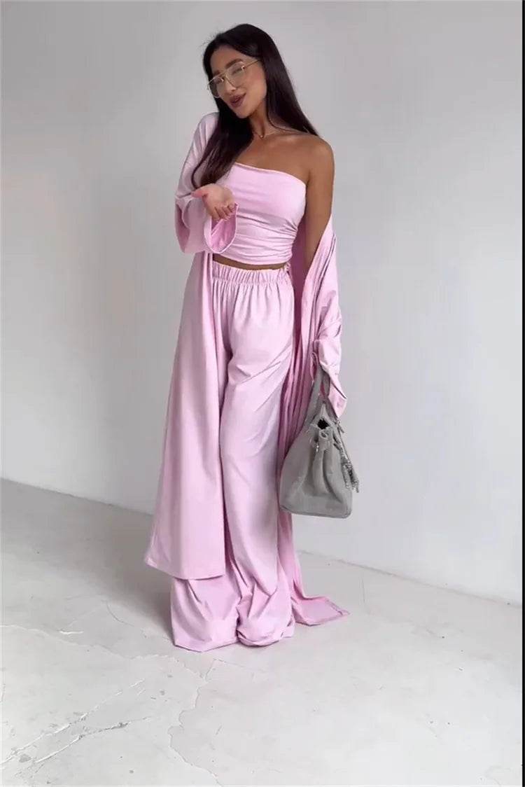 Pants Sets Women Solid Color Loose Long Cardigan Coat Tube Top High Waist Wide Leg Trousers Three Piece Set Casual Lady Suits - AIAZ
