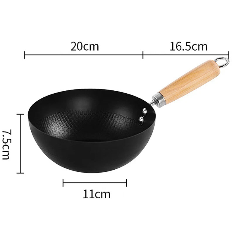 Carbon Steel Mini Wok 20cm Classic Kitchen Cooking Pot Non-Induction/Wooden Handle Flat Base Pan Includes 1 x Chinese Wok Pan