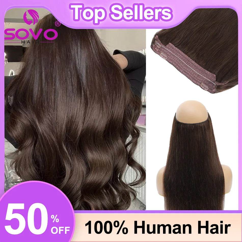 Halo Hair Extensions 100% Human Hair 14-28 Inch Hidden Wire Clip In Hair Ombre Brown Color Human Remy Fish Line Hair Extension - AIAZ