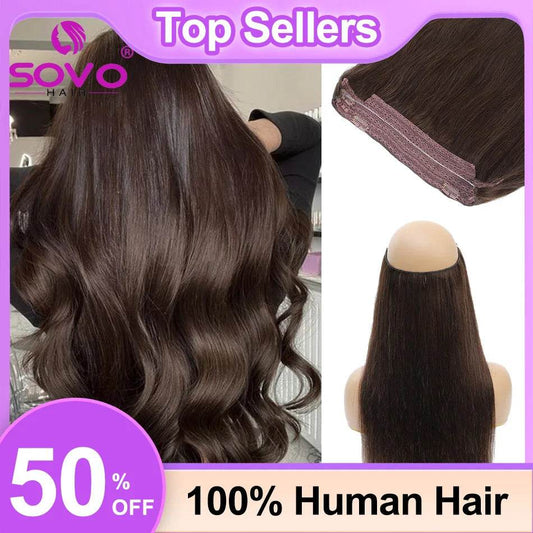Halo Hair Extensions 100% Human Hair 14-28 Inch Hidden Wire Clip In Hair Ombre Brown Color Human Remy Fish Line Hair Extension - AIAZ