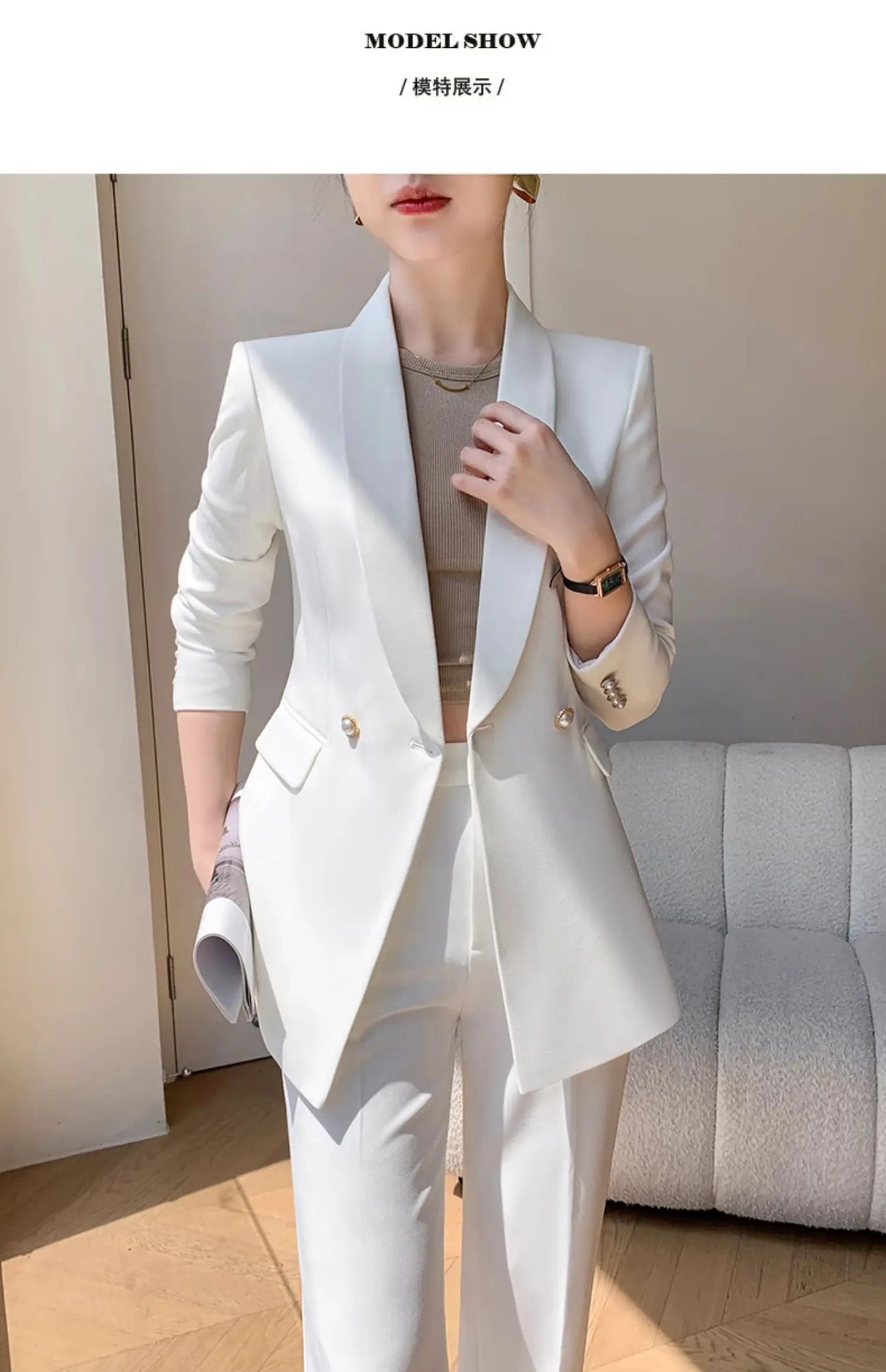 Solid White Suit Women 2025 New Spring Autumn Flares Pants High-Grade Slimming Business Clothing Sets Formal Suits Overalls