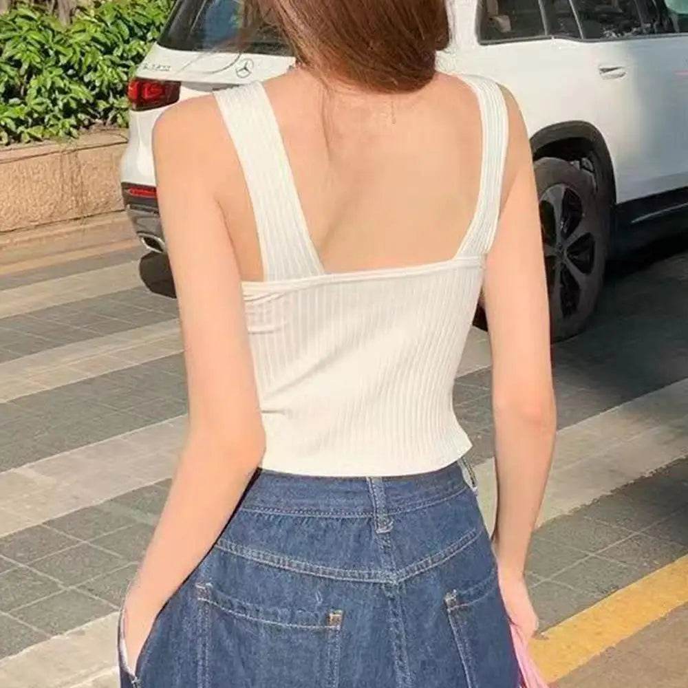 Women's Ribbed Tank Tops Y2K Cropped Tops with Bra Pads Knitted Button Down Suspenders Vest Sexy Camisole Female Short Tops - AIAZ
