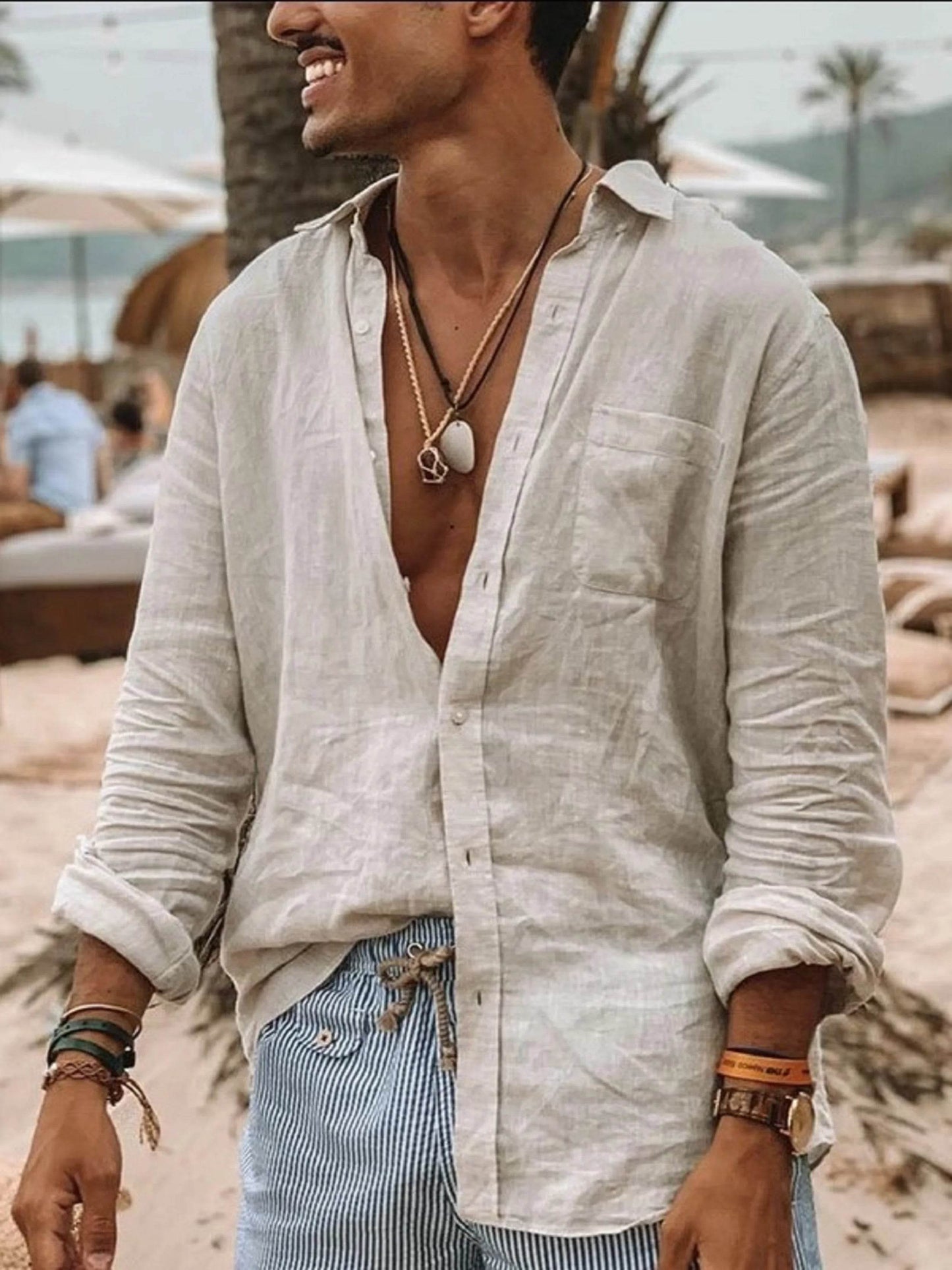 Men's casual fashion solid color thin long-sleeved shirt, lapel cardigan, suitable for outdoor activities - AIAZ