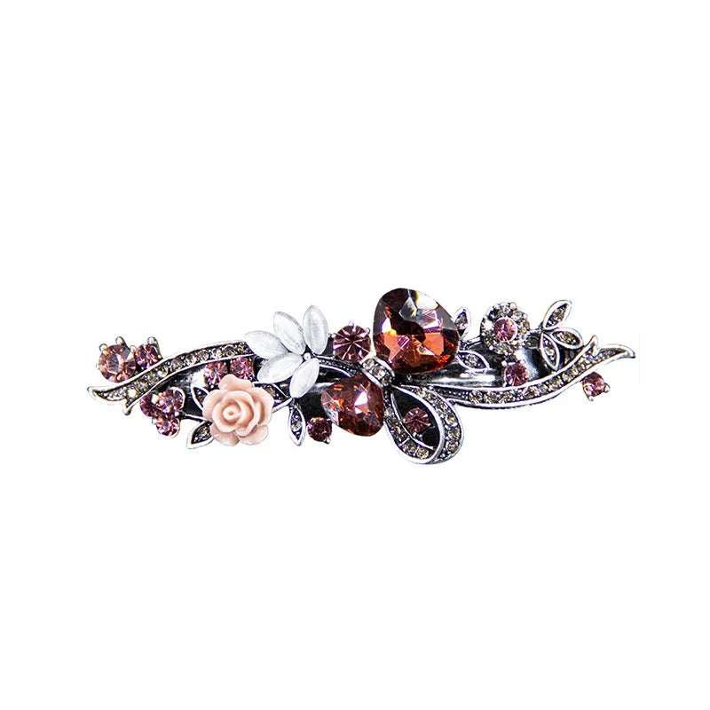 Red Crystal Flower Bow Spring Hairpin Vintage Ink Blue Rhinestone Horizontal Clip Top Clip Elegant Mom Fashion Hairpin Korean