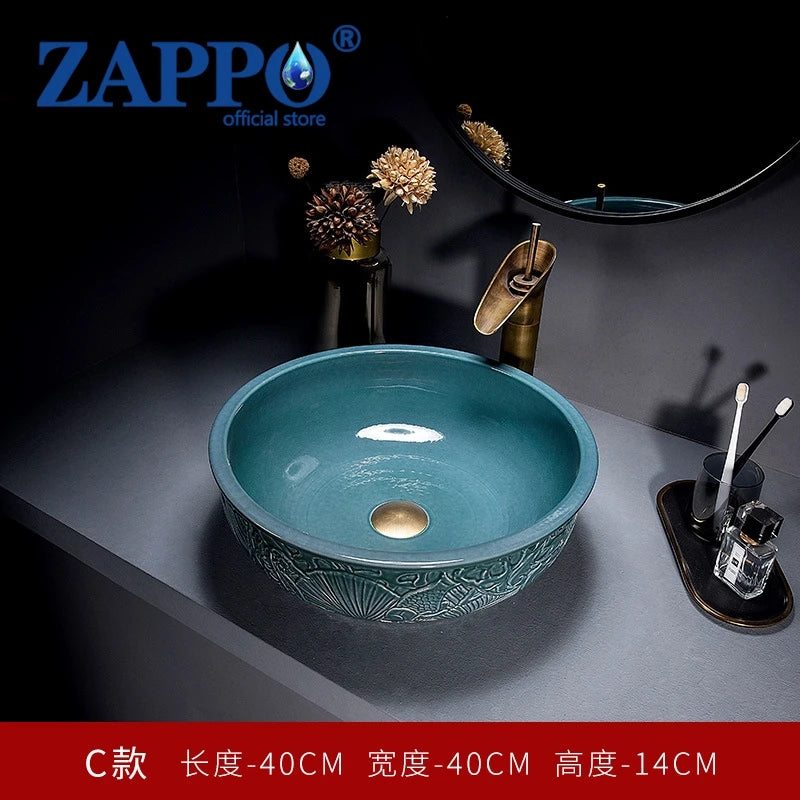 ZAPPO Round Vessel Sink with Faucet Drain JinDezhen Ceramic Vessel Sinks Oval Bathroom Sink Bowl Above Counter with Mixer Tap