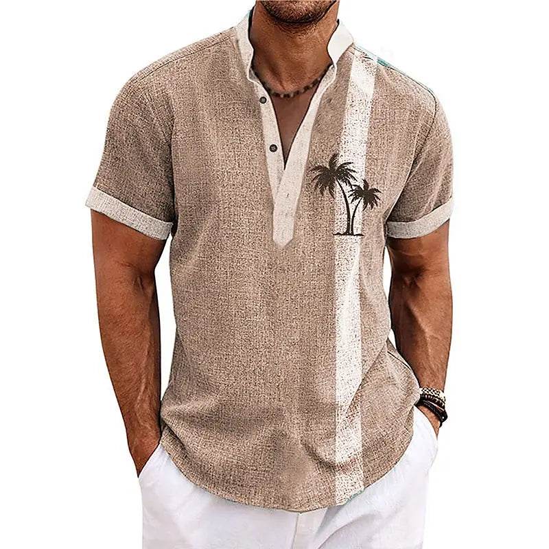 New Coconut Tree Striped 3D Print Henley Shirts Men's Oversized Button Stand Collar Short Sleeve T Shirt Tees Tops Man Clothing - AIAZ